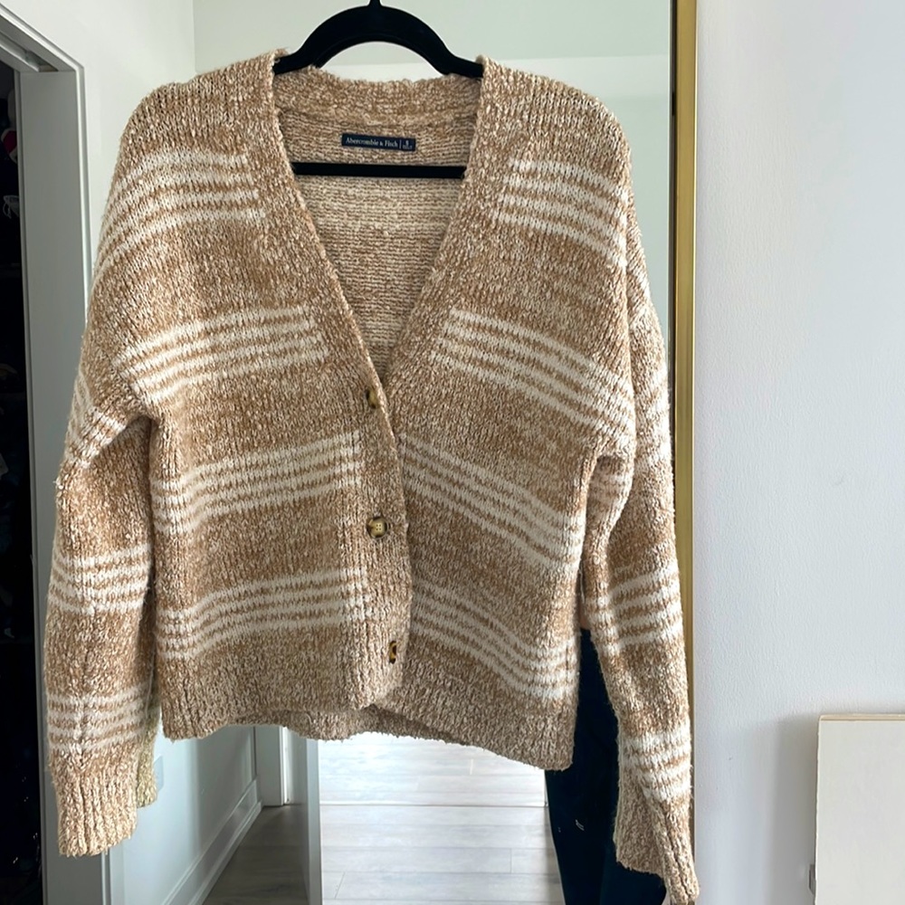 Tan Striped Abercrombie & Fitch cozy button down sweater